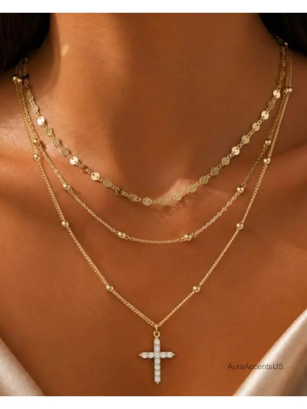 14K Gold Plated Layered Necklace Set for Women 3 Piece with CZ Pendant